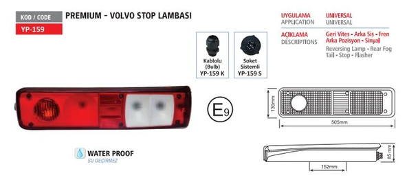 STOP LAMBASI RENAULT PREMIUM VOLVO KABLOLU   SAG - YUCEPLAST YP-159 K R - 1