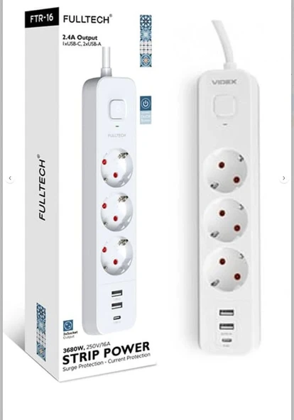 Ftr16 3'lü Akım Korumalı Priz Çoğaltıcı 1 Metre Uzatma Kablosu 2x USB 1x Type-C 2.4A ürün görseli 1