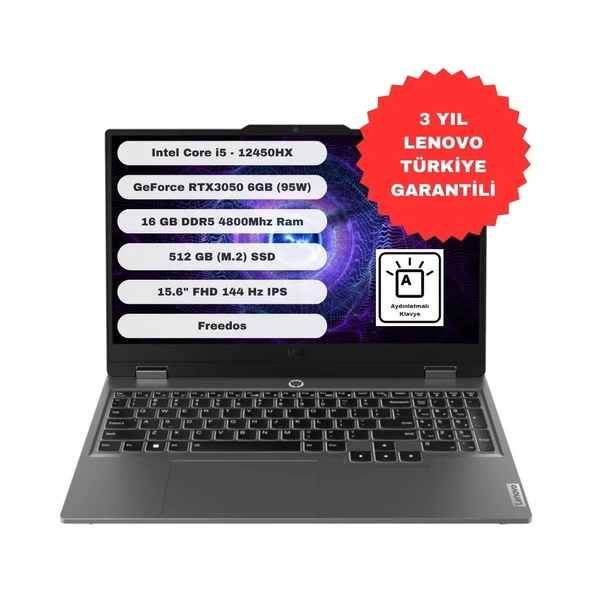 LOQ 15IAX9 Intel Core I5 12450HX 16 GB 512GB SSD RTX3050 Freedos 15.6" Fhd Taşınabilir Bilgisayar 83GS00QBTR ürün görseli