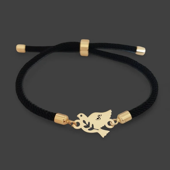Harfe Özel 14 Ayar Altın Plakalı Kuş Motifli Siyah İpek Örgülü Hediye Bileklik-318 - Resim 2