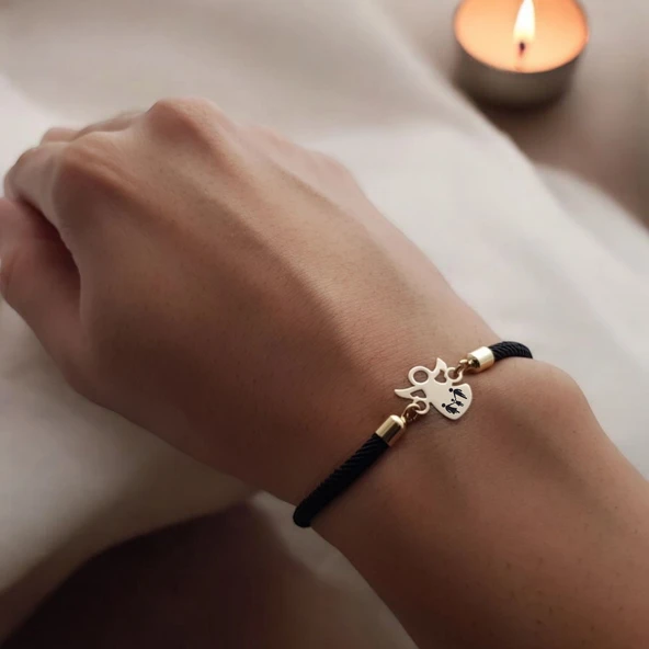Sembole Özel Siyah Örgü İpli 14 Ayar Altın Plakalı Mevlana Figürlü Hediye Bileklik-319 - Resim 2