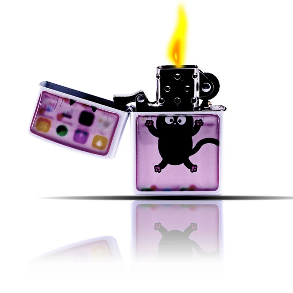 Kedi Desenli Pembe Beyaz Benzinli Çakmak - Resim 2