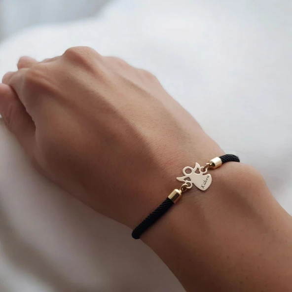 İsme Özel Mevlana Figürlü Siyah Örgü İpli 14 Ayar Altın Plakalı Hediye Bileklik-319 - Resim 2