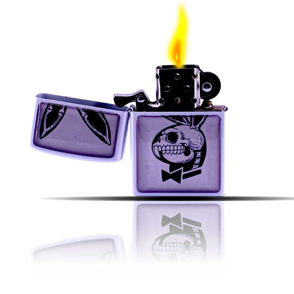 Kafatası Palyboy Desenli Pembe Beyaz Benzinli Çakmak - Resim 5