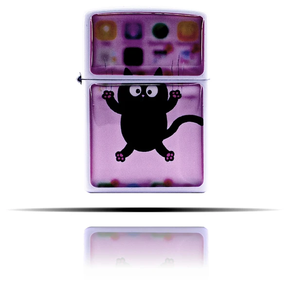 Kedi Desenli Pembe Beyaz Benzinli Çakmak - Resim 3