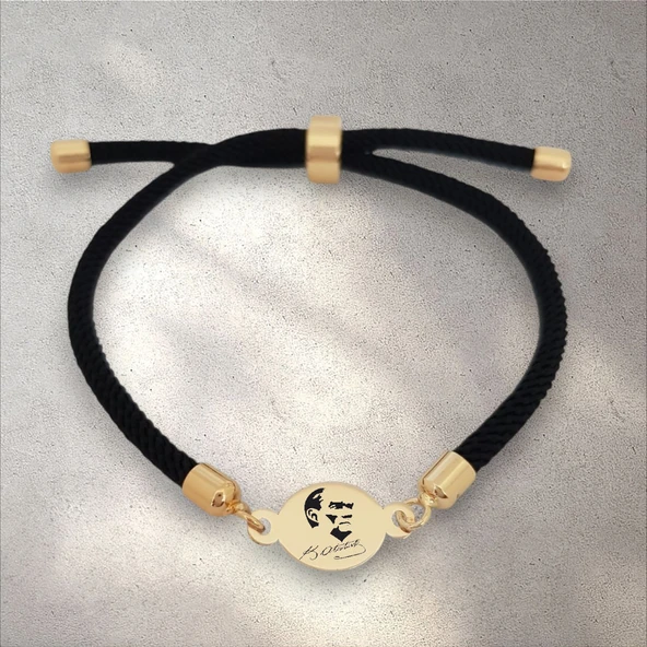 Sembole Özel Siyah İpek Örgülü 14 Ayar Altın Plakalı Oval Figürlü Hediye Bileklik-320 ürün görseli