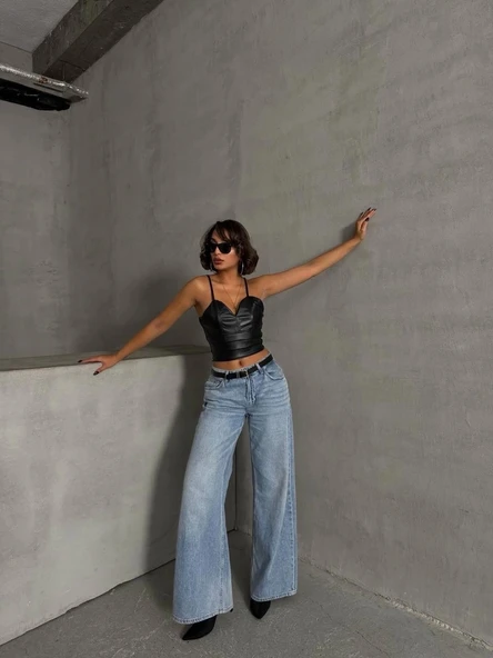 İp askılı yandan fermuarlı rastale deri crop siyah s24113 - 4