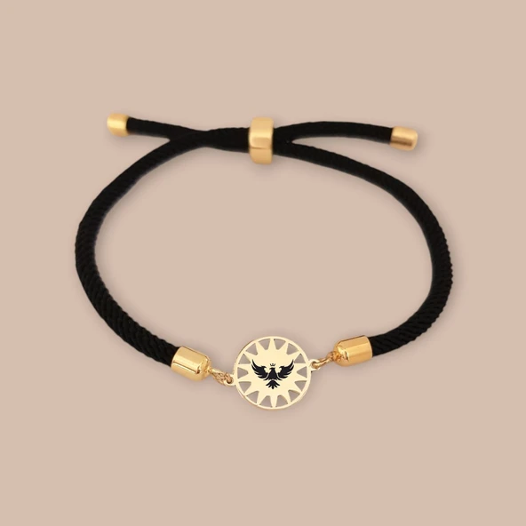 Sembole Özel Siyah Örgü İpli 14 Ayar Altın Plakalı Güneş Motifli Hediye Bileklik-321 - Resim 2