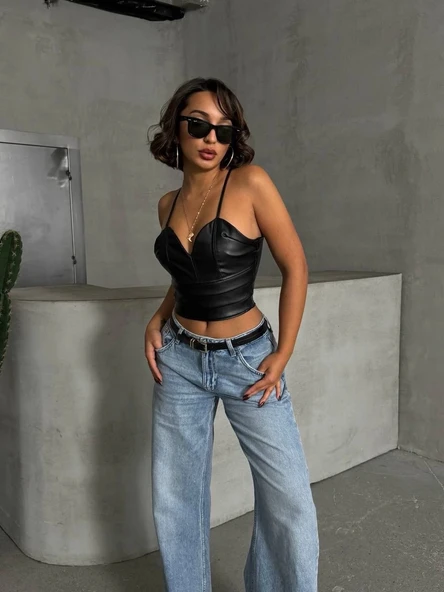 İp askılı yandan fermuarlı rastale deri crop siyah s24113 - 7