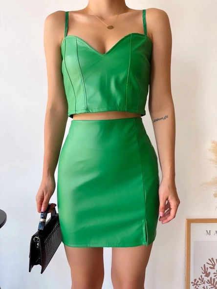 Tek yırtmaçlı arkadan fermuarlı deri etek yeşil s24475 - 2