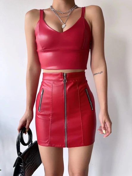 Üç fermuarlı deri etek bordo s24510 - 4