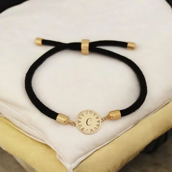 Harfe Özel 14 Ayar Altın Plakalı Güneş Motifli Siyah Örgü İpli Hediye Bileklik-321 - Resim 2