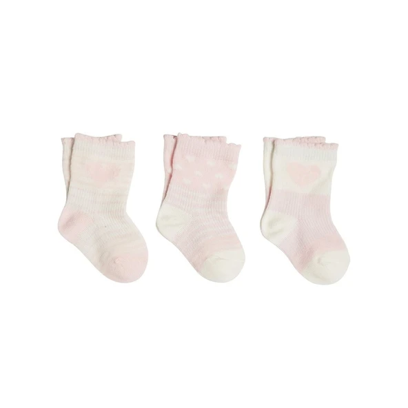 F&F Baby Ayaktan Çıkmayan Bebek Çorabı 3 lü Set Pembe Kalpli 0-6 AY