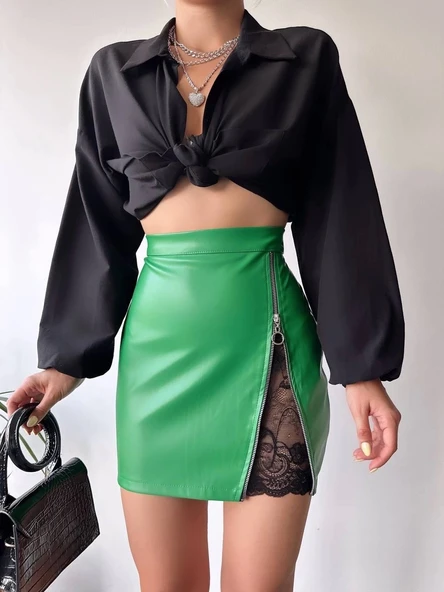 Dantelli fermuarlı deri etek yeşil w24598 - Resim 4