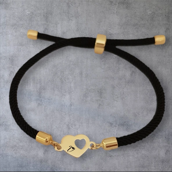 Harfe Özel 14 Ayar Altın Plakalı Kalp Figürlü Siyah İpek Örgülü Hediye Bileklik-322 - Resim 2