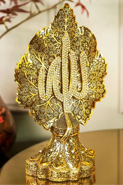 İkili Lüks Dekoratif Biblo Papatya Ve Çınar Yapraklı Allah Muhammed Işlemeli Dekoratif Figür - Resim 5