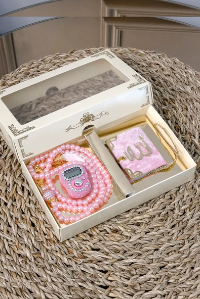 10 Adet - Taşlı Zikirmatik Tesbihmatik Kadife Kaplı Mini Kuran 99lu İnci Tesbih Seti - Resim 2