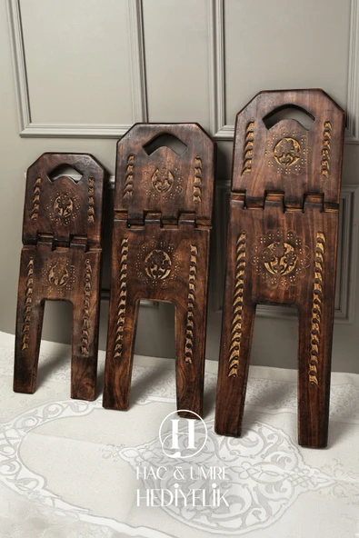 Rahle El Yapımı Masif Ahşap | Desenli Kulplu Kitap Okuma Standı | Büyük Boy Kuran Rahlesi - Resim 2