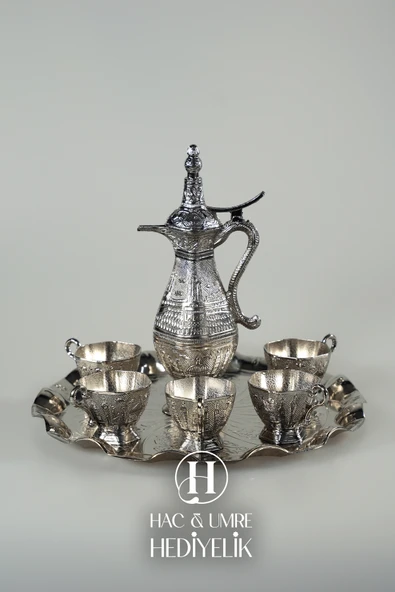 Zemzem Takımı | Zemzem Seti | El Yapımı Gümüş Zemzem Sunum Seti | Tepsi, İbrik ve Bardak Set - 5