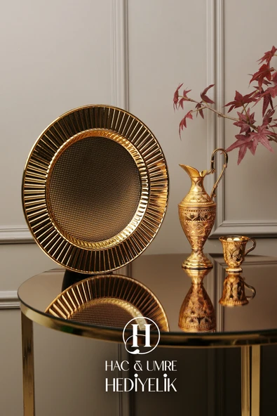 Zemzem Takımı | Zemzem Fincan Seti | Gold Zemzem Sunum Tepsisi, İbrik ve Bardak Set - Resim 6