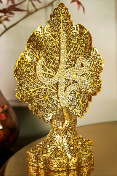 İkili Lüks Dekoratif Biblo Papatya Ve Çınar Yapraklı Allah Muhammed Işlemeli Dekoratif Figür - Resim 4