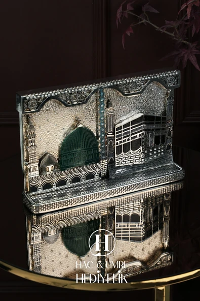 Hac Umre Hediyesi | İslami Dekor | Kabe ve Mescidi Nebevi Gümüş Dekor | İkili Mekke Medine Biblosu ürün görseli