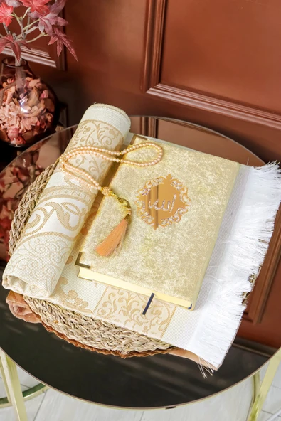 Kuran Seti Rahleli Ahşap Kuran Standı Kadife Kuran İnci Tesbih Seccade Seti - Resim 2