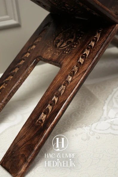Rahle El Yapımı Masif Ahşap | Desenli Kulplu Kitap Okuma Standı | Orta Boy Kuran Rahlesi - Resim 4