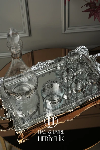 Cam Sunum Takımı 8 Parça | Gümüş Dekoratif Karaf Seti | Lüks İkram Takımı | Zemzem Sunum Seti - 2