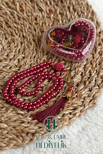 Hediyelik Tesbih | 99lu İnci Tesbih Vav İmameli Püsküllü Kalp Kutulu | Hac Umre Gün Davet Hediyesi - Resim 3