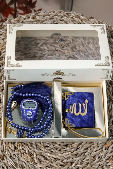 10 Adet - Taşlı Zikirmatik Tesbihmatik Kadife Kaplı Mini Kuran 99lu İnci Tesbih Seti - Resim 3