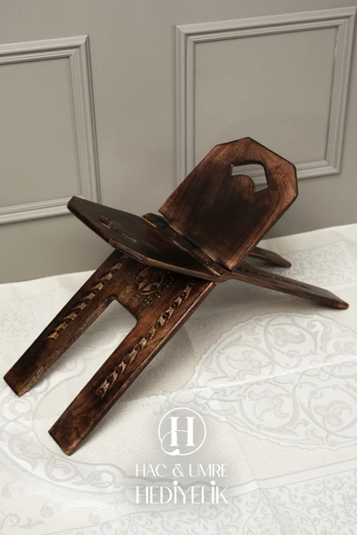 Rahle El Yapımı Masif Ahşap | Desenli Kulplu Kitap Okuma Standı | Orta Boy Kuran Rahlesi - Resim 3