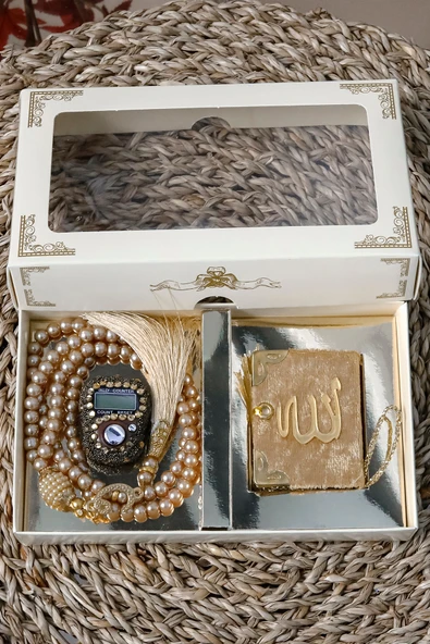 10 Adet - Taşlı Zikirmatik Tesbihmatik Kadife Kaplı Mini Kuran 99lu İnci Tesbih Seti - Resim 3