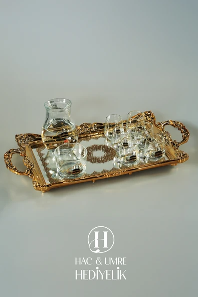 Zemzem Sunum Takımı 9 Parça | Aynalı Tepsili Lüks İçecek Sunum Seti | Mevlid Hac Umre Hediyesi - Resim 2