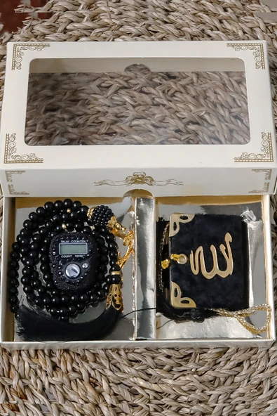 10 Adet - Taşlı Zikirmatik Tesbihmatik Kadife Kaplı Mini Kuran 99lu İnci Tesbih Seti - Resim 3