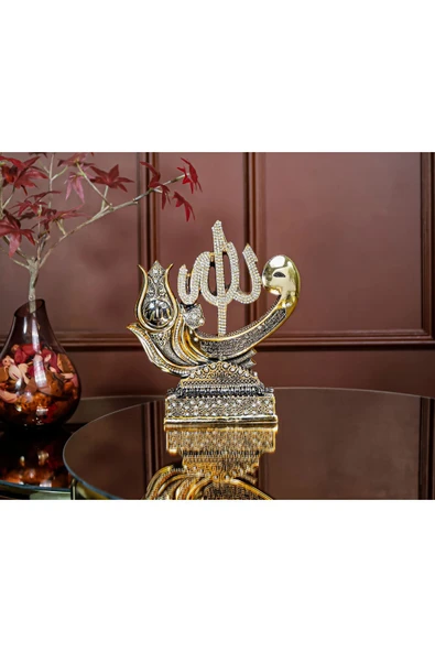 Gold Biblo Lüks Hediyelik Aksesuar Altın Kaplama Dini Islami Dekoratif Figür Vav Allah Muhammed Süs - Resim 6
