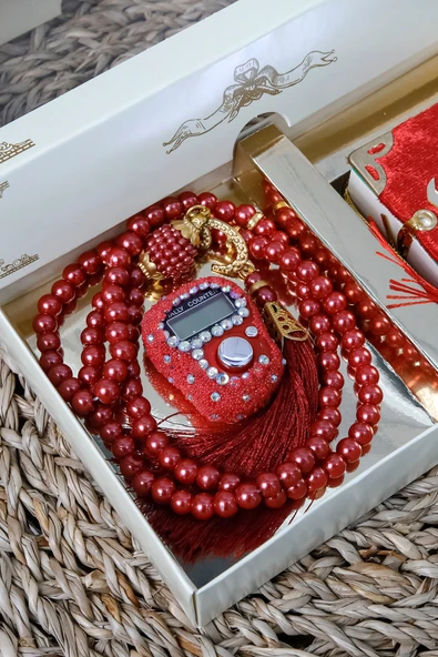 10 Adet Taşlı Zikirmatik Tesbihmatik Kadife Kaplı Mini Kuran 99lu İnci Tesbih Seti - Resim 6