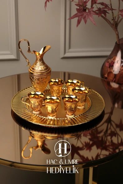 Zemzem Takımı | Zemzem Fincan Seti | Gold Zemzem Sunum Tepsisi, İbrik ve Bardak Set - Resim 4