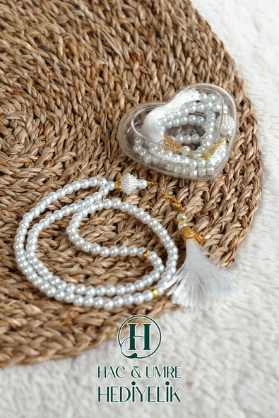 Hediyelik Tesbih | 99lu İnci Tesbih Vav İmameli Püsküllü Kalp Kutulu | Hac Umre Gün Davet Hediyesi ürün görseli