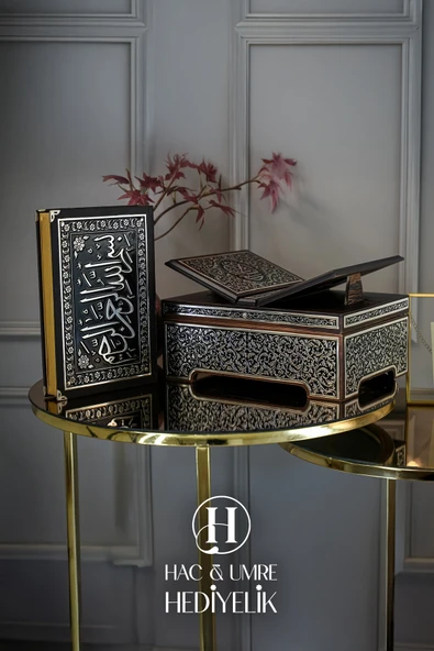 Gümüş Kaplama Ahşap Rahle ve Kuranı Kerim Seti, Gümüş İşlemeli Lüks Kuran Okuma Sehpası ve Kuran Set - Resim 3