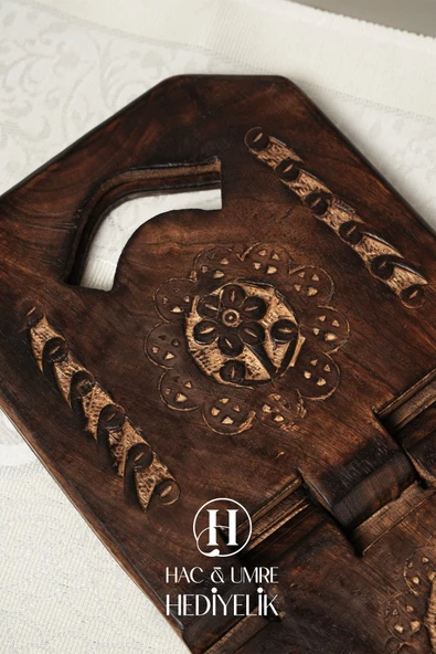 Rahle El Yapımı Masif Ahşap | Desenli Kulplu Kitap Okuma Standı | Orta Boy Kuran Rahlesi - Resim 6