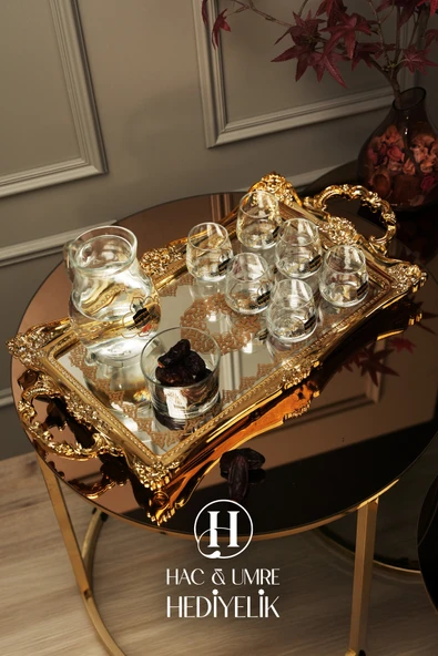 Zemzem Sunum Takımı 9 Parça | Aynalı Tepsili Lüks İçecek Sunum Seti | Mevlid Hac Umre Hediyesi ürün görseli