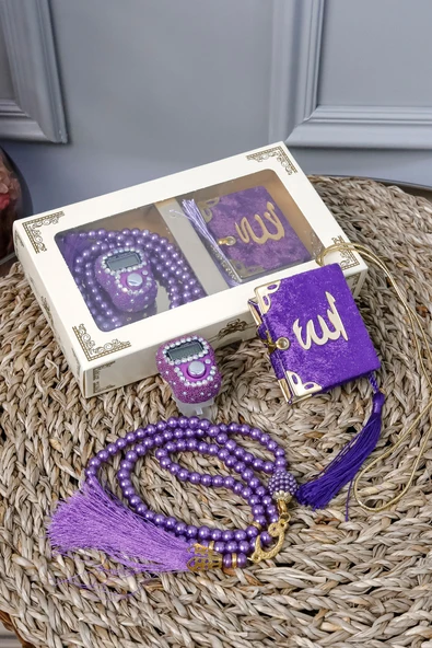 10 Adet Taşlı Zikirmatik Tesbihmatik Kadife Kaplı Mini Kuran 99lu İnci Tesbih Seti ürün görseli