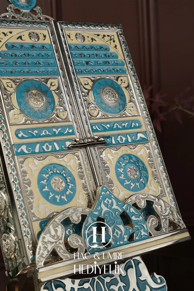 Gümüş Kaplama Kuran Kabı ve Kadife Kuranı Kerim Seti | Hediyelik Lüks Stantlı Kuran Kutusu ve Kuran - Resim 6