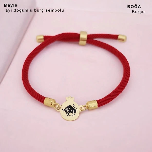 Burca Özel Nar Motifli Kırmızı Örgü İpli 14 Ayar Altın Plakalı Hediye Bileklik-323 - Resim 2