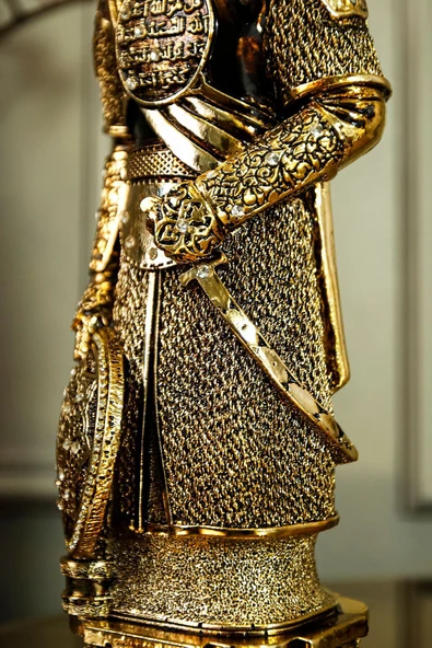 Osmanlı Zırh Asker Nefer Savaşçı Biblo Lüks Gold Kaplama Figür Ihlas Suresi Işlemeli Dekoratif Obje - Resim 6