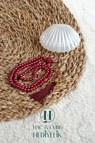 Tesbih Hediyelik | Özel Gün Davet Hediyesi | Deniz Kabuğu Kutulu 99lu İnci Tesbih Vav Süslü Püsküllü ürün görseli