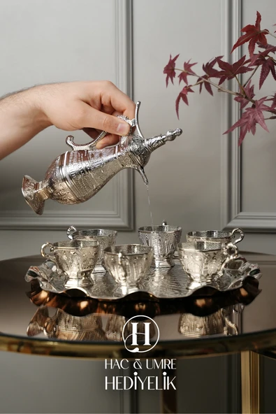 Zemzem Takımı | Zemzem Seti | El Yapımı Gümüş Zemzem Sunum Seti | Tepsi, İbrik ve Bardak Set - 2