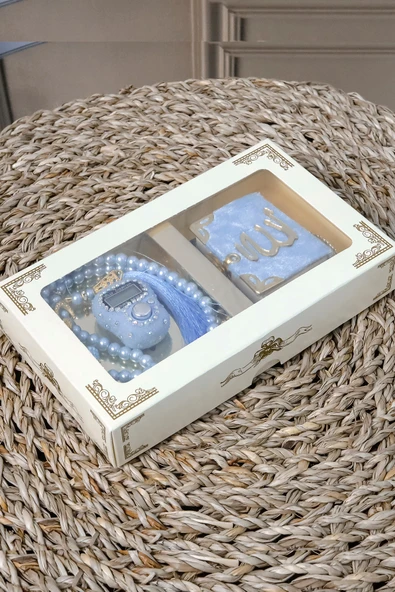 10 Adet - Taşlı Zikirmatik Tesbihmatik Kadife Kaplı Mini Kuran 99lu İnci Tesbih Seti - Resim 5