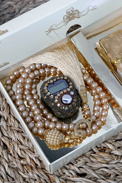 10 Adet - Taşlı Zikirmatik Tesbihmatik Kadife Kaplı Mini Kuran 99lu İnci Tesbih Seti - Resim 7